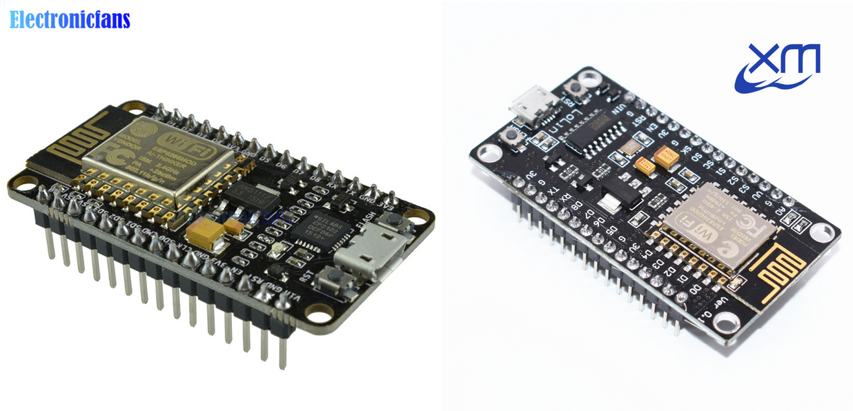 Two common NodeMCU boards found on AliExpress: the one on the left is branded as "v2", and the right "v3". Notice the pin labels on the v3 are horizontal and take up more space, making the board uncomfortably large.